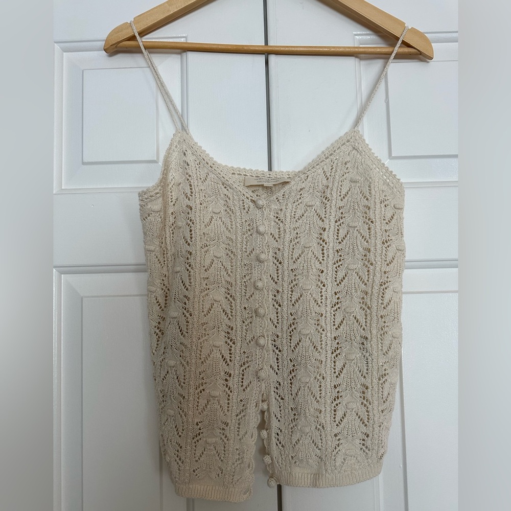 Sezane Cream Crochet Knit Spaghetti Strap Tank